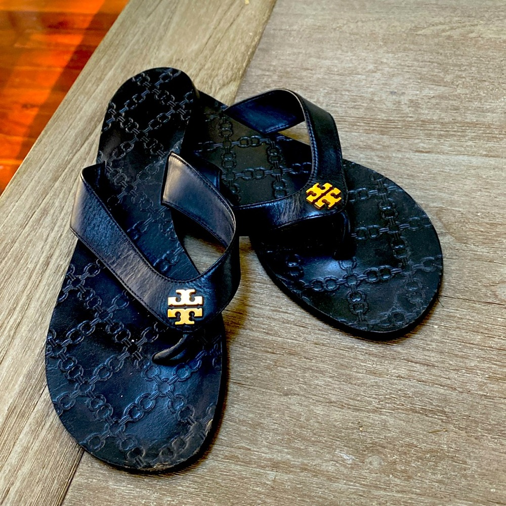 Black Tory Burch classic sandals. Size 8.5. Worn once. Have sleeper bag also.